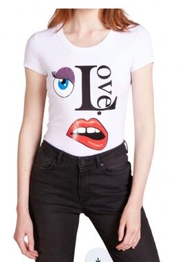 Love Moschino Sequin Eye & Embroidered Logo Slim Fit Tee White Sz 6 New With Tag